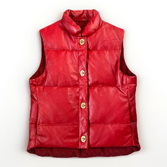 Coach Red Leather Down Puffy Vest w/ Turn lock Gold Hardware Womens Size XS - Picture 1 of 12